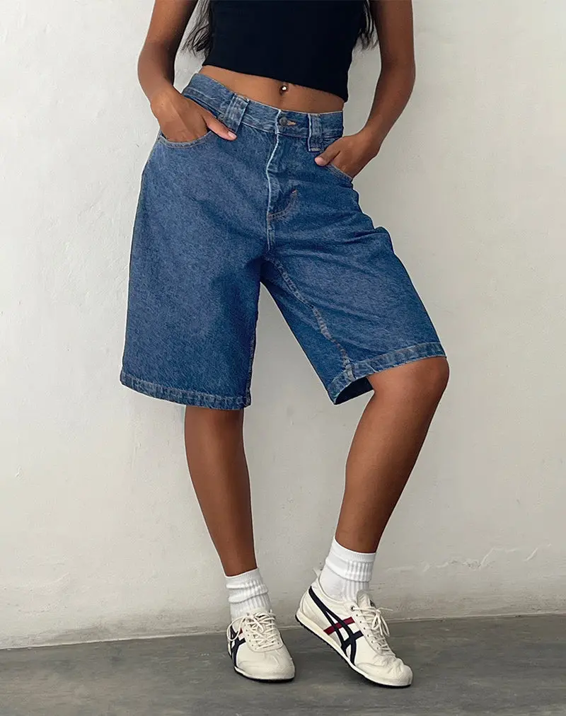 Low Rise Denim Skater Short In Core Blue Stone 1