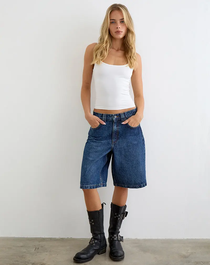Low Rise Denim Skater Short In Mid Blue Used 1