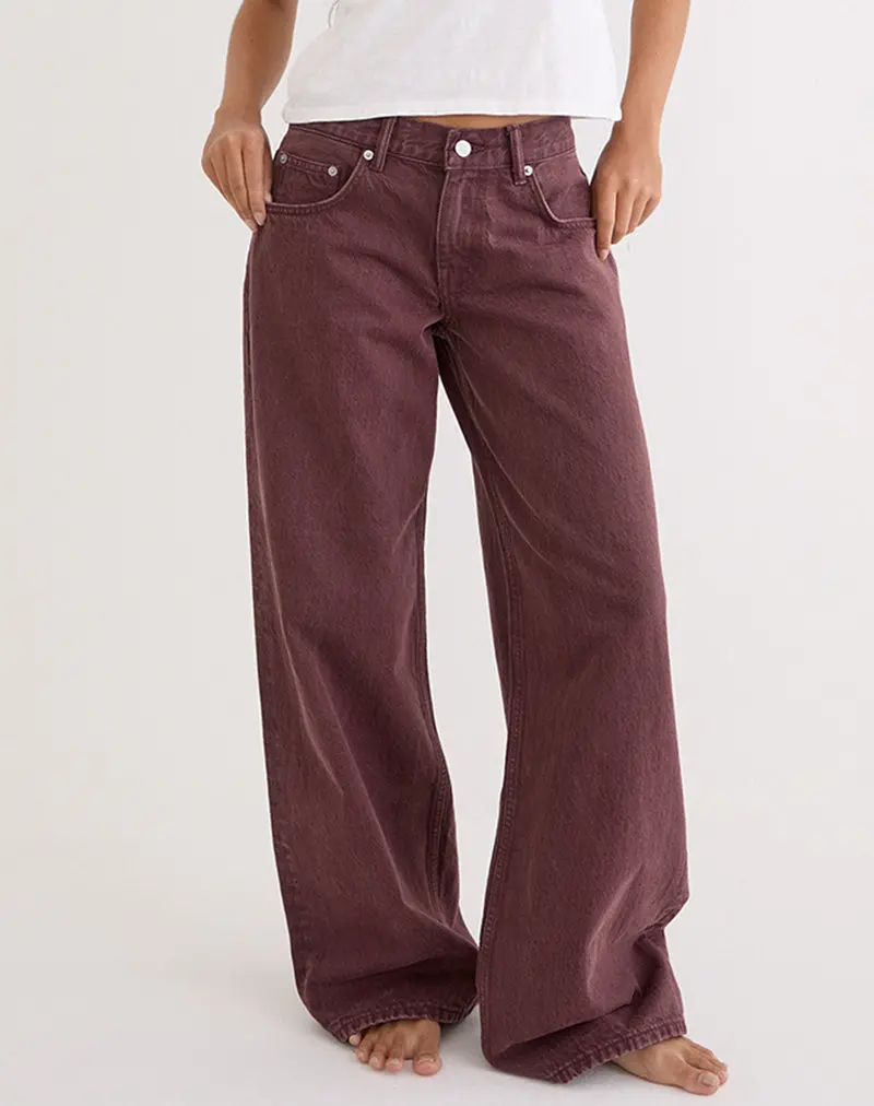 Low Rise Roomy Jeans In Burgundy 1