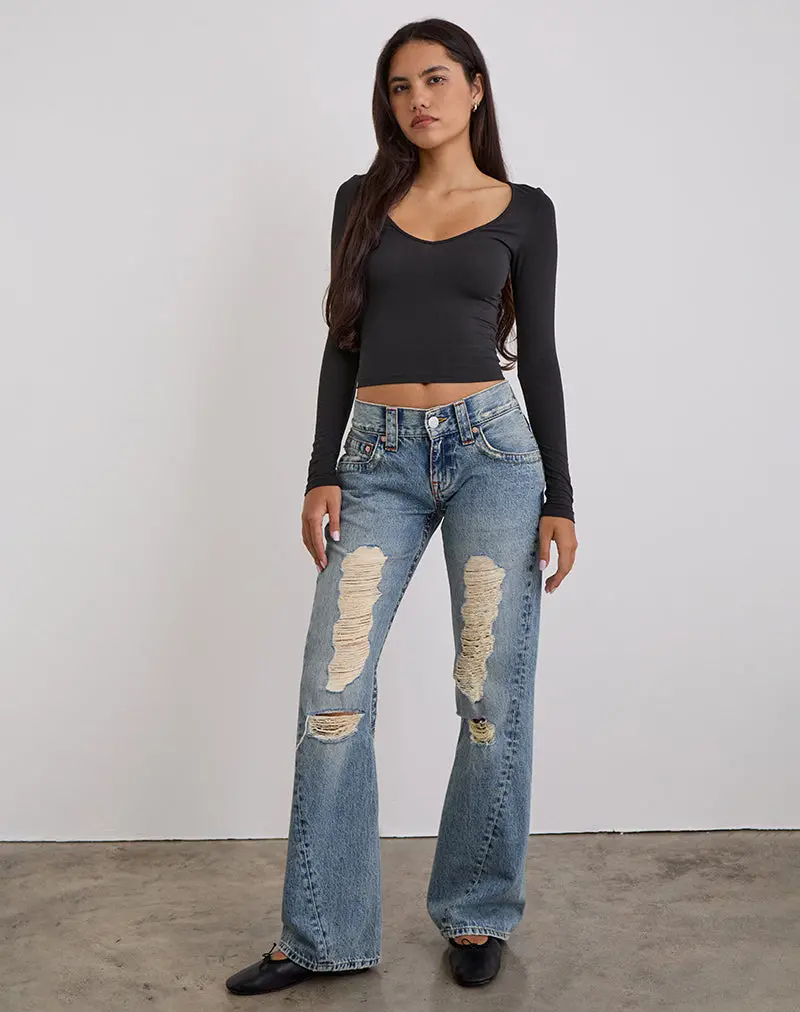 Low Rise Twisted Seam Ripped Jean In True Blue 1