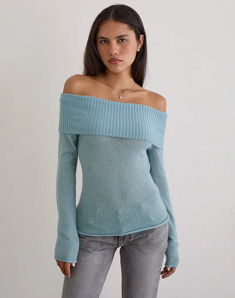 Lune Bardot Jumper In Knit Blue 1