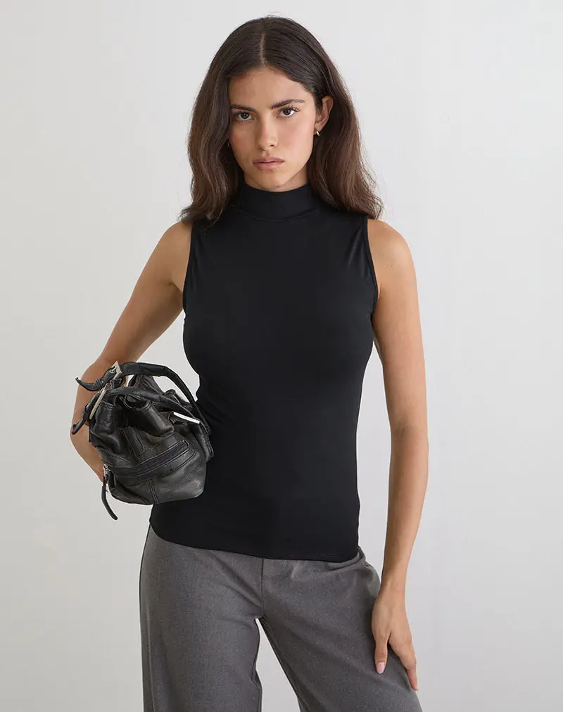 Lysan High Neck Vest Top In Jersey Black 1