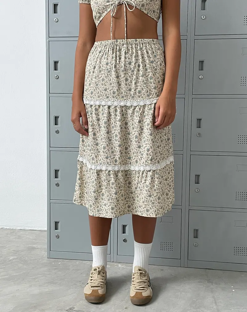 Maxce Low Rise Midi Skirt In Antique Blue And Ivory Floral 1