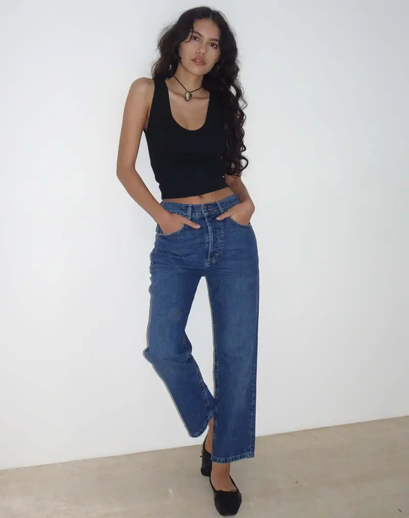 Mid Rise Straight Leg Jeans In Mid Blue Used Denim 1