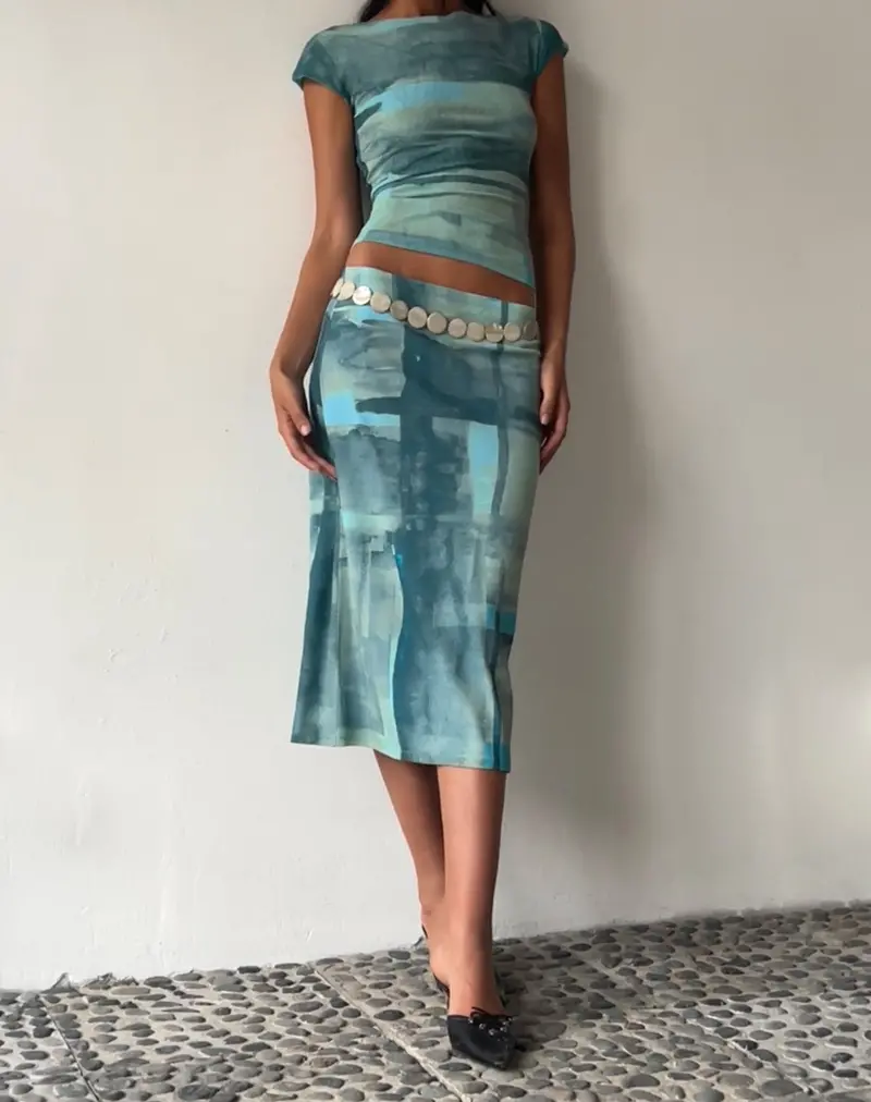 Motel X Jacquie Gia Midi Skirt In Mesh Abstract Paint Brush Green 1