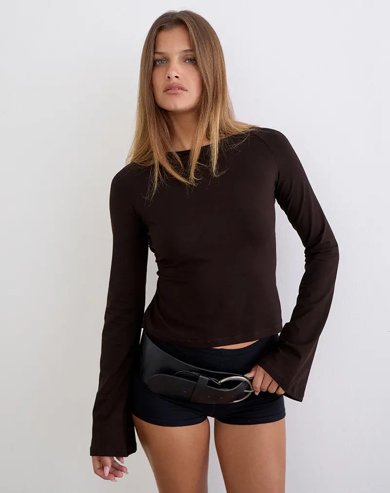 Muzan Long Sleeve Top In Rayon Jersey Chocolate Brown 1