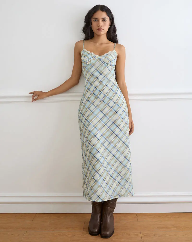 Naska Maxi Dress In Chiffon Vintage Blue Check 1