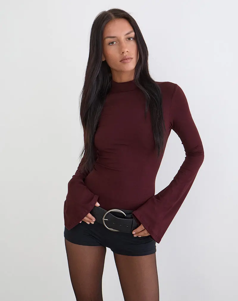 Nell High Neck Long Sleeve Top In Dark Plum 1