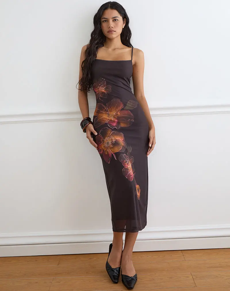 Nori Midi Dress In Brown With Orange Vibrant Lotus Print 1
