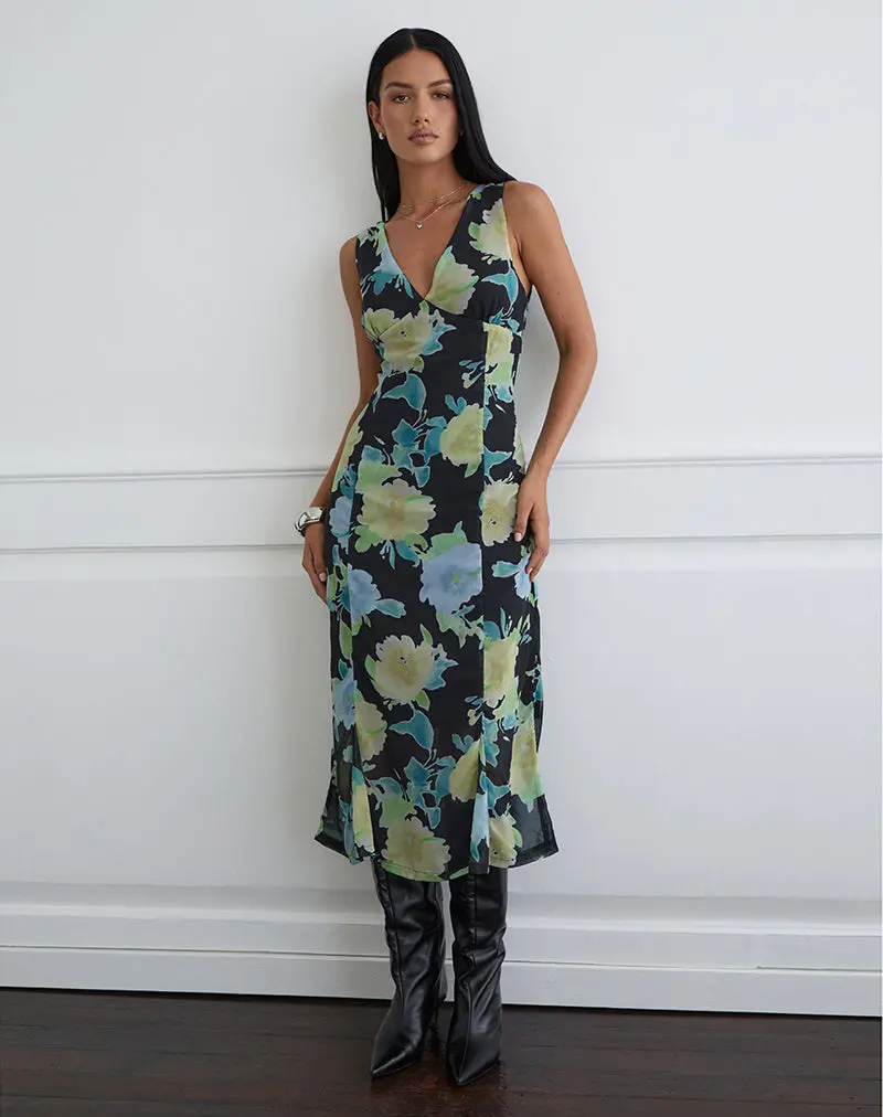 Olydia Midi Dress In Black Chiffon With Crystal Flower Print 1