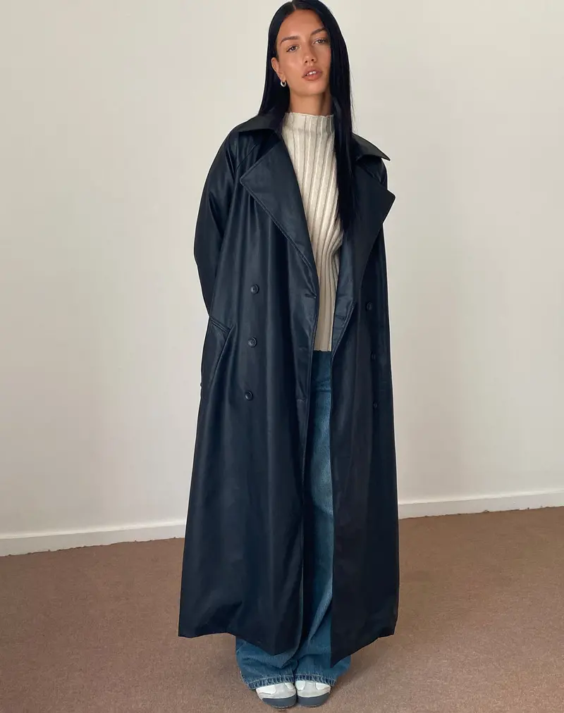 Orcati Double Breasted Trench Coat In Black Pu 1
