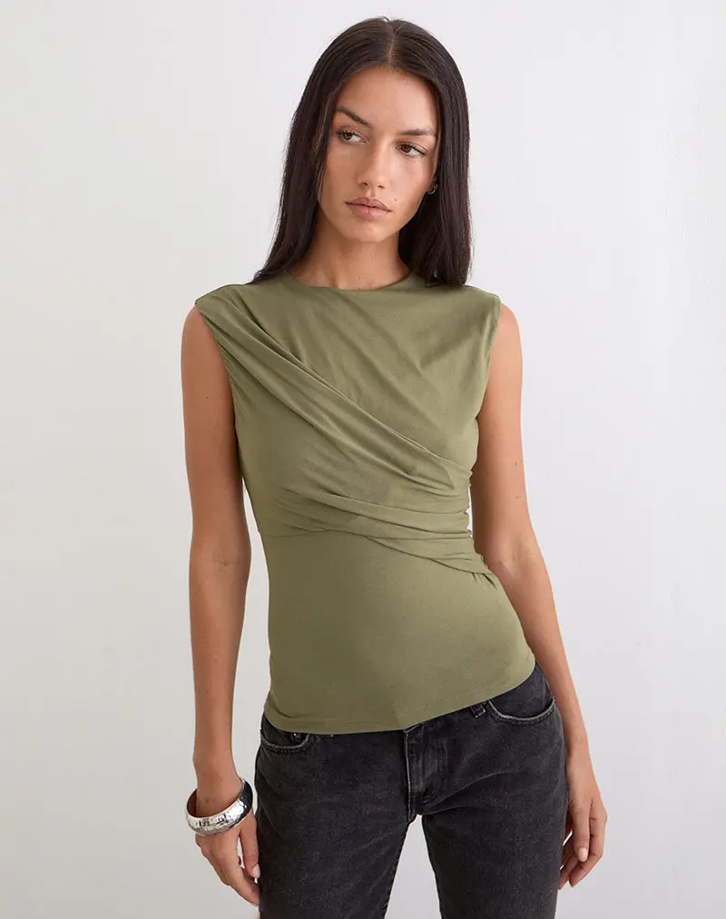 Otso Twist Wrap Top In Rayon Jersey Khaki 1