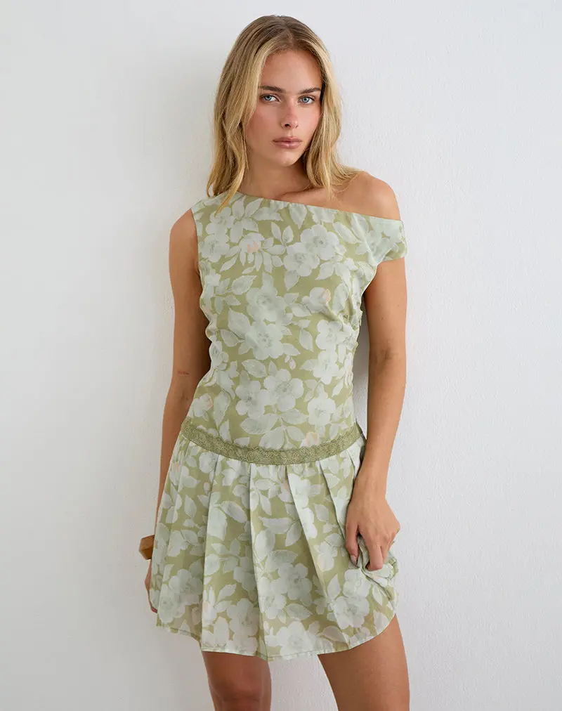 Qaireen Mini Dress In Pale Flower Green 1