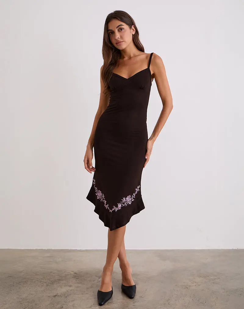 Quelin Midi Dress In Chocolate Brown With Rose Embroidery 1