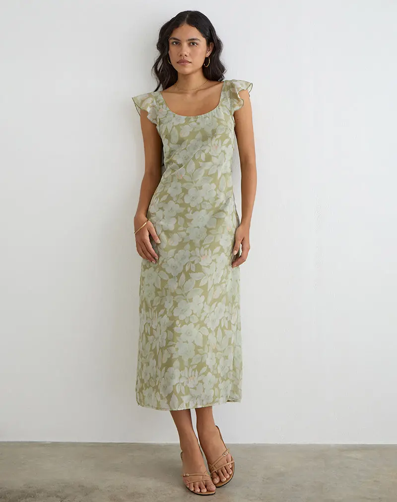 Risala Scoop Midi Dress In Pale Flower Green 1