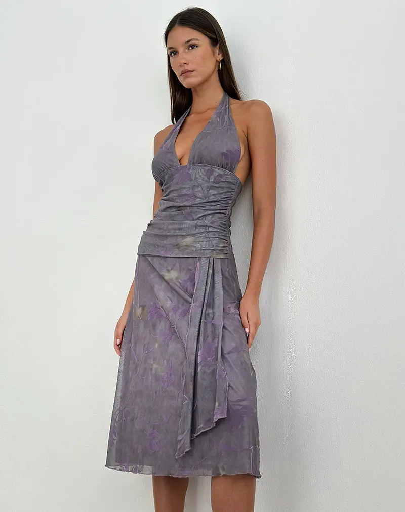 Rokoyo Halterneck Midi Dress In Flare Flower Purple 1