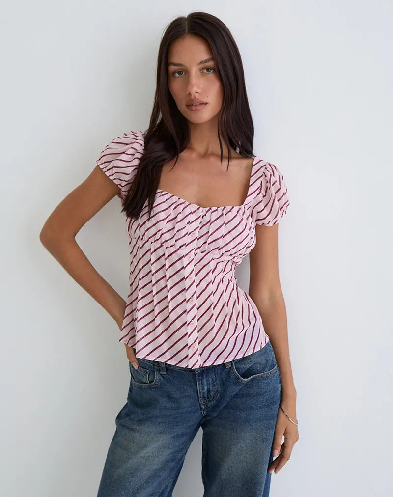 Rolina Blouse In Chiffon Stripe Pink And Burgundy 1