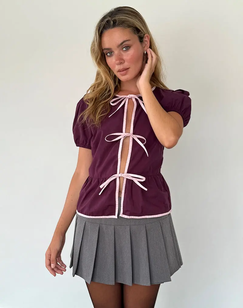 Ryota Tie Front Blouse In Oxblood With Pink Lady Binding 1