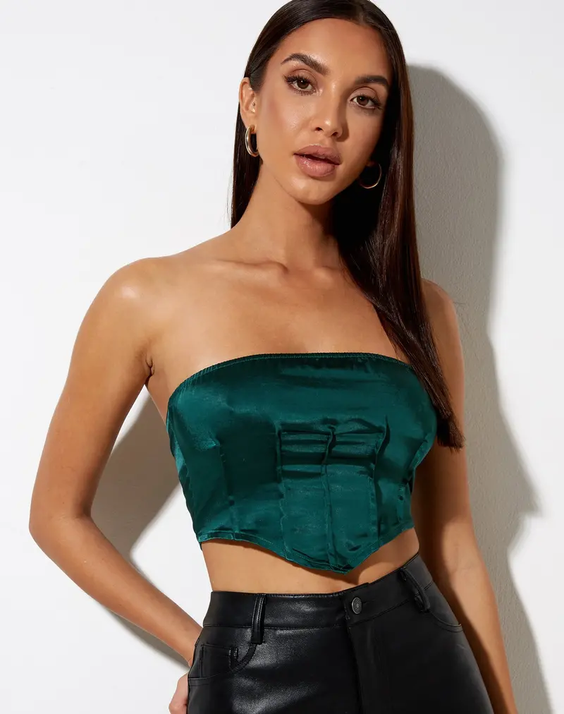 Sanja Bandeau Top In Satin Forest Green 1