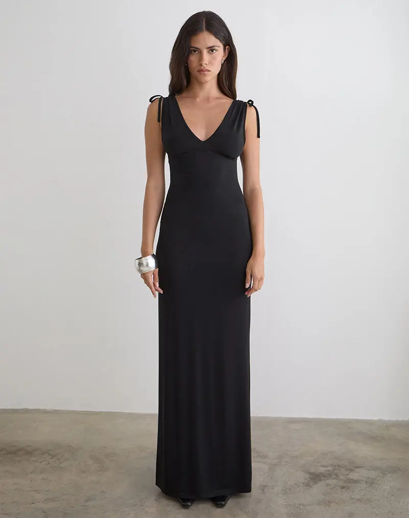Sanyu Plunge Maxi Dress In Cupro Black 1