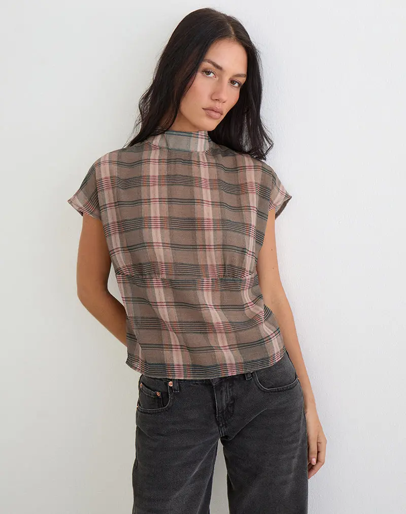 Sekala Top In Brown And Pink Blurry Check 1