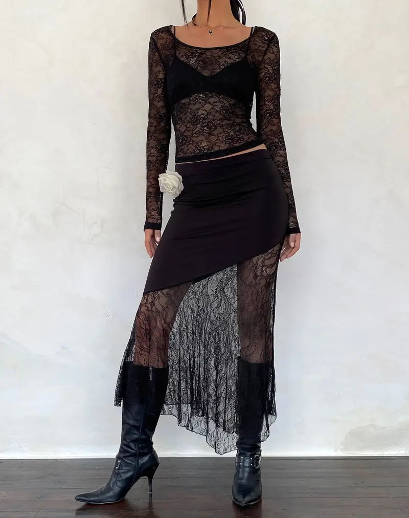 Seraphina Asymmetric Lace Hem Maxi Skirt In Black 1