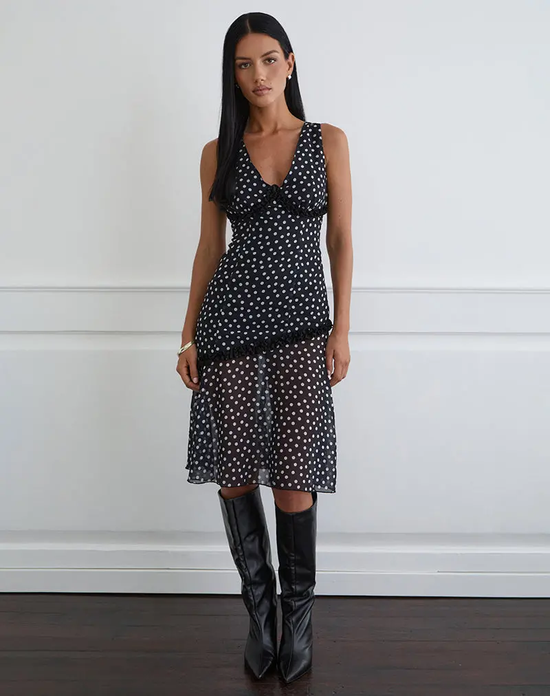 Sovira Midi Dress In Chiffon Black With Tiny Polka Print 1