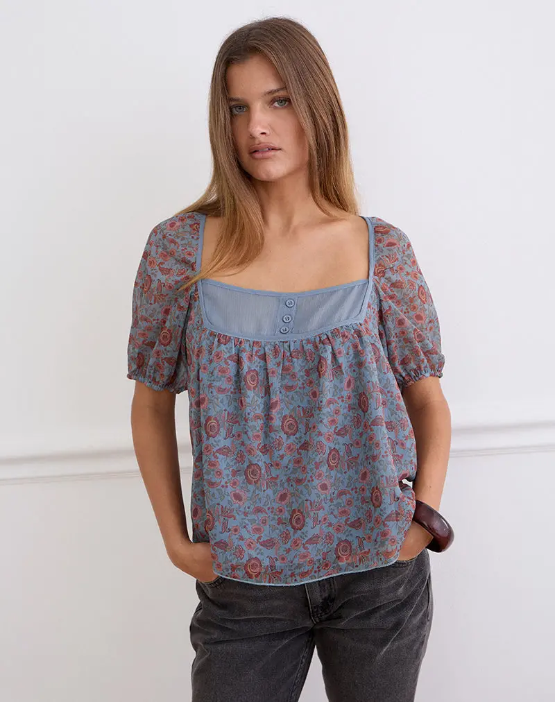Sumire Top In Shadow Blossom Blue Chiffon 1