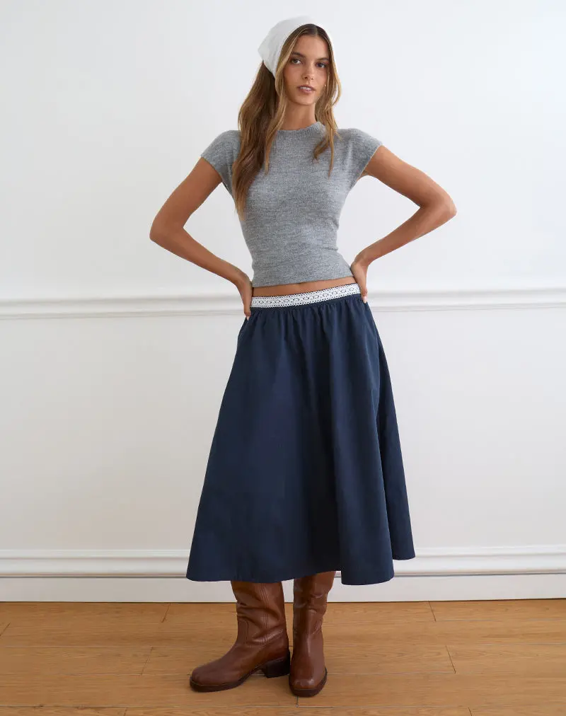 Takira Midi Skirt In Dark Navy With Lace Trim 1