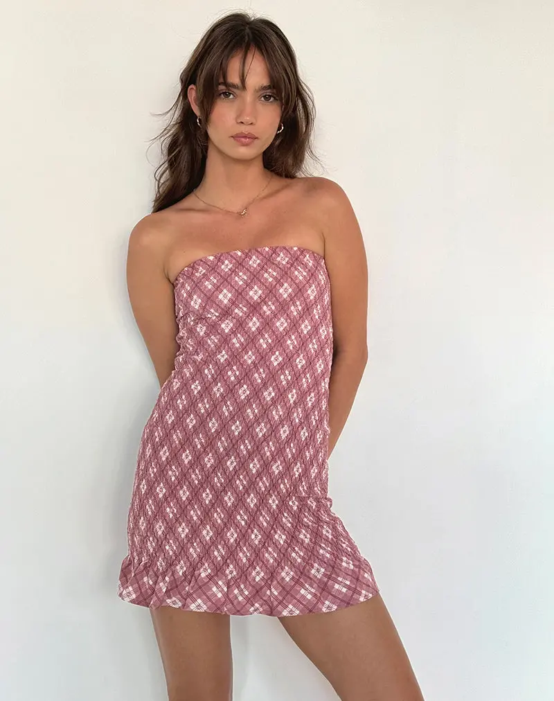 Takiyo Bandeau Mini Dress In Pink Tartan 1