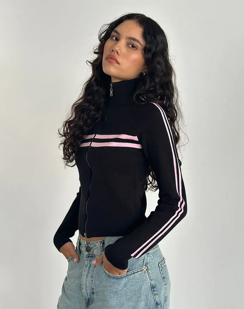 Talisa Zip Through Jacket In Black With Pink Stripe 1