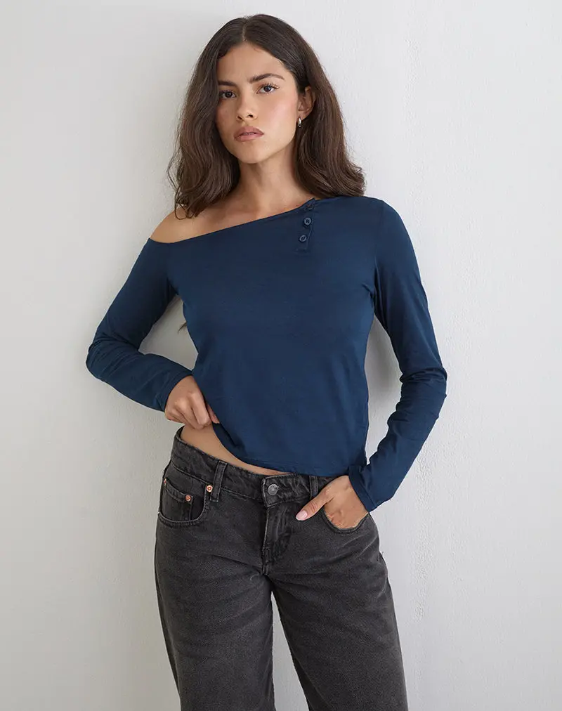 Tole Asymmetric Button Up Top In Tissue Jersey Dark Navy 1