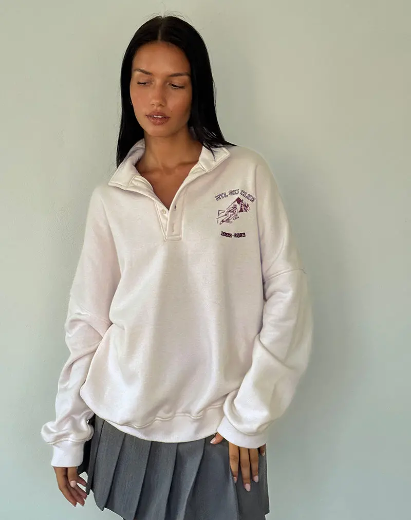Varsity Jumper In Winter White With Burgundy Ski Club Embroidery 1