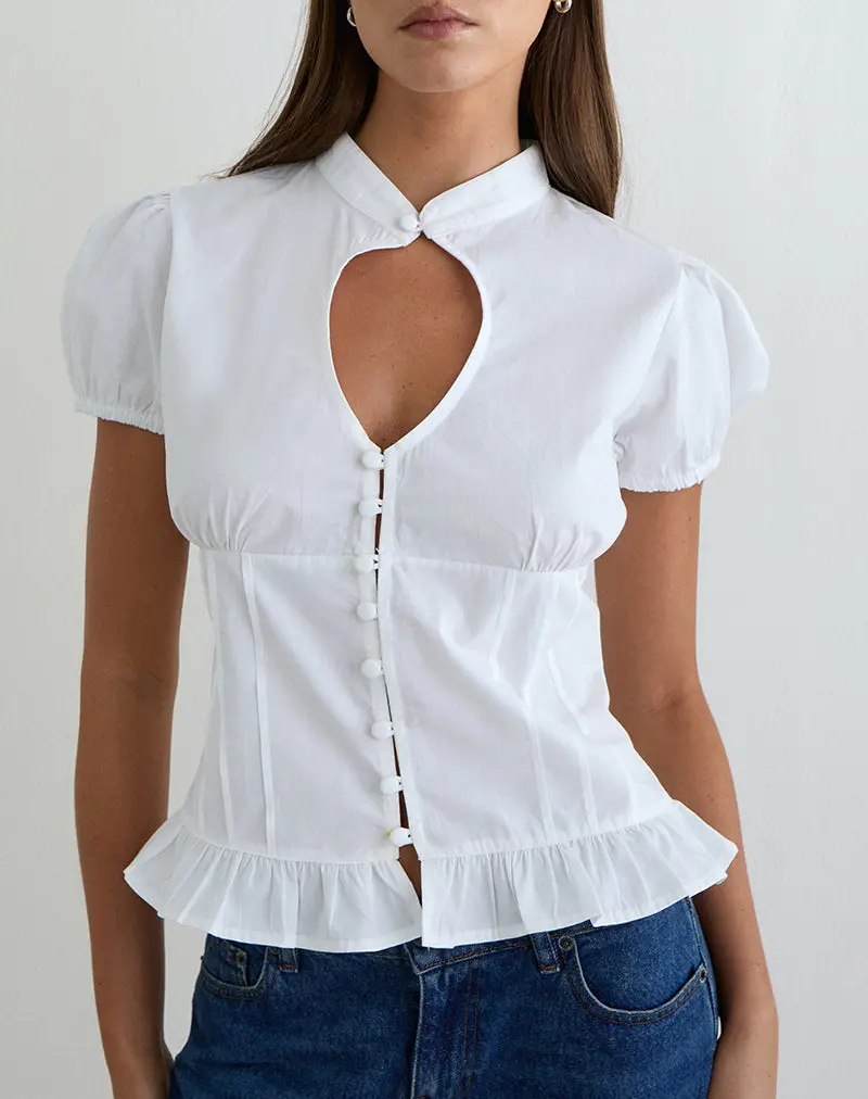 Yamila Puff Sleeve Keyhole Blouse In White 1