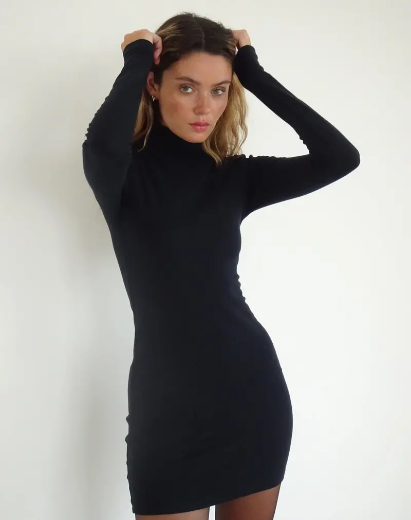 Yrion Turtle Neck  Bodycon Mini Dress In Black 1